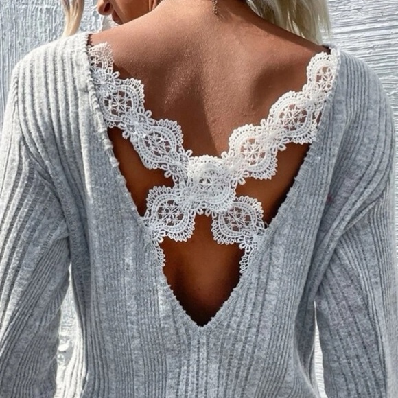 SALE - Gray Ribbed Knit with White Lace Criss Cross Backless - Picture 6 of 7
